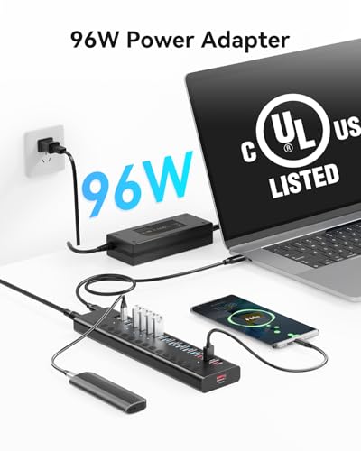 Powered USB Hub, AGEEN 16-Port USB 3.0 Hub (10 USB-A 3.0+2 QC 24W Fast Charging+2 Smart Charging+2 USB-C 3.0 Ports), 12V/8A 96W UL Certified Power Adapter for PC, Laptop, HDD, Flash Drive