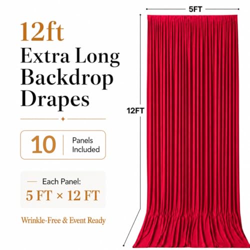 50ft x 12ft Red Backdrop Curtains, Wrinkle Free Thick Fabric Polyester Curtains Backdrop Drapes Cover for Parties Wedding Birthday Photography Background, 10 Panels 5ft x 12ft - color: Red, size: 50FT(W) x 12FT(H)