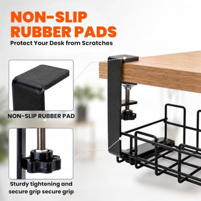 2 Pack Under Desk Cable Management Tray, No Drill Metal Cord Organizer with Clamp Mount, Wire Management Rack for Home Office PC Setup, Black
