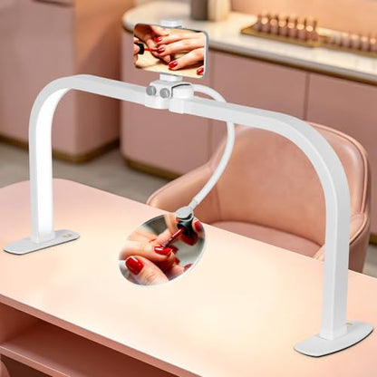 HITTI Half Moon Light for Nail Desk with 5X Magnifier, 30" Foldable LED Arch Tech Lamp with Phone Holder for Manicure, Handicraft, Art, Eyelash Extension - 3 Color Modes & 10 Brightness, Home & Salon - color: White