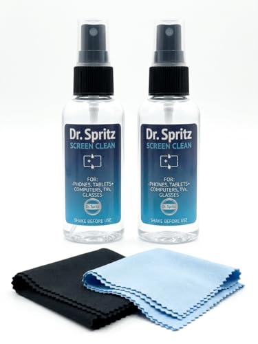 Dr. Spritz Screen Cleaner Spray (2 Pack) - Streak-Free Cleaning Kit for Laptop, MacBook, iPhone, Smart TV & Computer Monitor - Plant-Based & Alcohol-Free - Includes 2 Microfiber Cloths & Detail Tools
