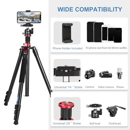 CAVIX 79" Camera Tripod, 2-in-1 Aluminum Alloy Tripod for Camera and Phone, Foldable Travel Tripod with 360° Ball Head and Phone Holder, Max Load 22 lbs/10kg for DSLR Camcorder Video Photography - size: Aluminum Alloy(79")