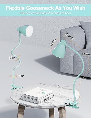 BOHON Desk Lamp with Clamp, Clip on Light, 5 Color 10 Brightness, Teal | 10W 38 LED Flexible Gooseneck Clip Lamp, Auto Off Timer, Desk Lights for Office Home Bed Bedside Reading, Adapter Include - color: Teal