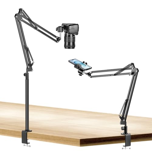 Overhead Camera Mount, Desk Camera Mount with 360° Adjustable Arm and Phone Holder for DSLR Cameras/iPhone/Webcam/Ring Light, Desk Phone Stand for Video Recording,Zoom Meeting,YouTube,TikTok