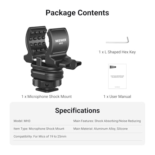 NEEWER Microphone Holder with Cold Shoe Adapter, Noise Reducing Shock Absorbing Mic Mount Accessories with Built in Silicone Pads, for Mics of 0.7" to 1" (19 to 25mm) in Diameter, MH3 - style: MH3