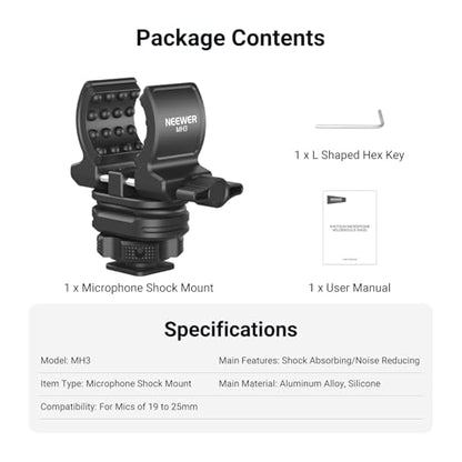 NEEWER Microphone Holder with Cold Shoe Adapter, Noise Reducing Shock Absorbing Mic Mount Accessories with Built in Silicone Pads, for Mics of 0.7" to 1" (19 to 25mm) in Diameter, MH3 - style: MH3