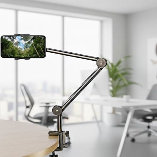 Phone Stand with Heavy-Duty C-Clamp, 3-Section Adjustable Desktop Mount Stand for Phone, 360° Ball Head Flexible Desk Mount