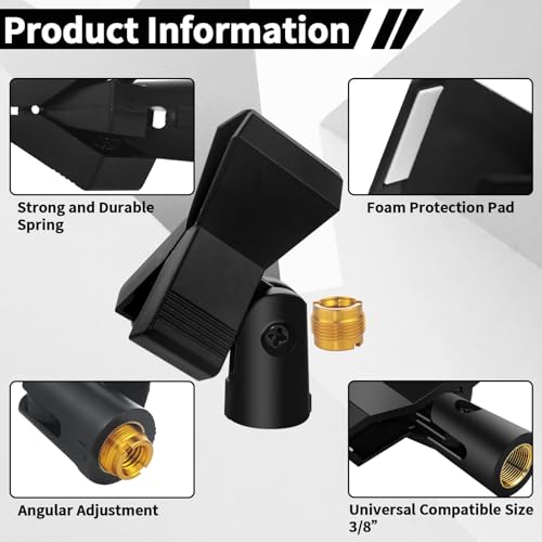 4 Pack Universal Adjustable Mic Clips for Stands, Wireless Microphone Holder with 5/8 to 3/8 Inch Adapter, 180° Adjustable Knob, Secure Clamp for Mic Stands