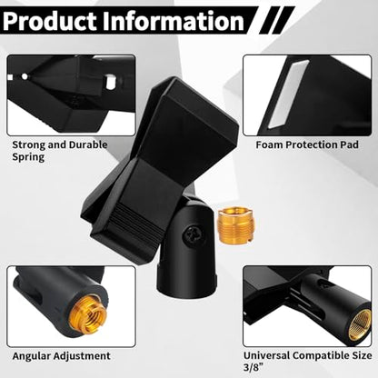 4 Pack Universal Adjustable Mic Clips for Stands, Wireless Microphone Holder with 5/8 to 3/8 Inch Adapter, 180° Adjustable Knob, Secure Clamp for Mic Stands
