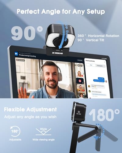MELCAM 2K Webcam for PC, Web Camera with Microphone, Light, Privacy Cover, Plug and Play Autofocus USB Computer Camera for Laptop, Desktop, PC, Mac, Zoom, Skype, Meeting, Streaming(Black)