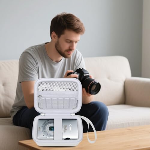 Elonbo Carrying Case for Canon PowerShot ELPH 360 HS A/ 360 HS/ 360/ IXY 650 Digital Camera, Canon PowerShot ELPH 330/190/160/115/130/110 Camera Hard Travel Bag, Mesh Pocket fits Battery Cable, White - color: White