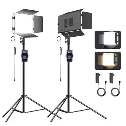 2 Pack LED Video Light Kit 79'' Tripod Light Stand, 30W 3000Lux Photography Light with Barndoor, CRI 98+ 2500K-8500K Studio Lights Panel Podcast Lighting for Video Recording/Game Live Streaming - size: 79" Tripod Stand