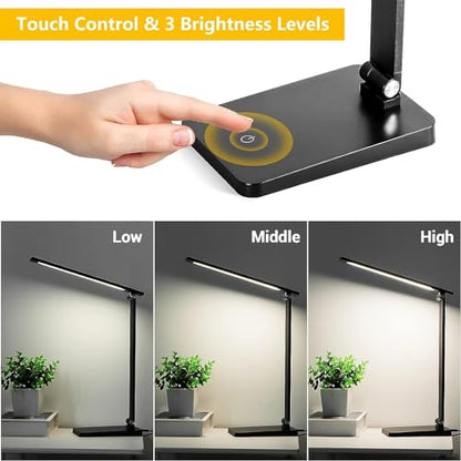 LED Desk Lamp for Home Office, 3 Levels Dimmable Desk Light with USB Charging Port, Small Study Lamp, Reading Light for Table, Black, 5000K - color: Black