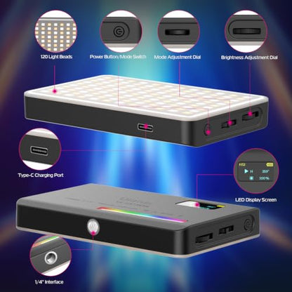 ULANZI VL120 RGB Video Light, Pocket LED On-Camera Video Lights, Built-in 3100mAh Rechargeable Battery, 360 Full Color 20 Light Effects, CRI≥95 2500-9000K LED Panels for Photography Vlogging