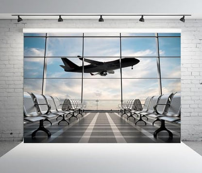 5x3ft Fabric Airport Backdrop Lounge with Plane Pilot Jet Birthday Party Video Recording Zoom Meeting Conference Baby Shower Photoshoot Business Studio Decoration Photography Props - size: 5x3FT