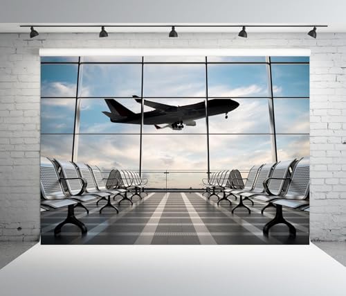 5x3ft Fabric Airport Backdrop Lounge with Plane Pilot Jet Birthday Party Video Recording Zoom Meeting Conference Baby Shower Photoshoot Business Studio Decoration Photography Props - size: 5x3FT