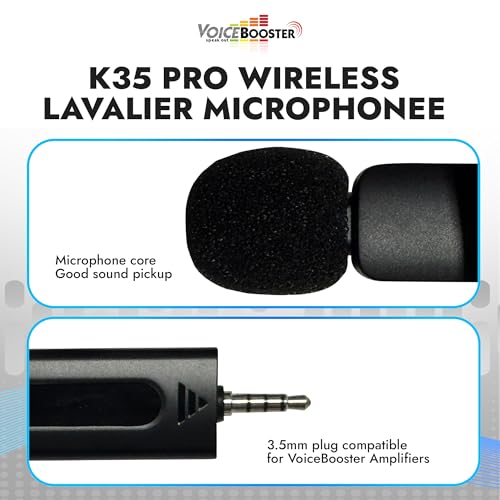 Voicebooster K35 Pro Wireless Lavalier Microphone, Plug & Play Clip on Lapel Mic - 3.5mm Plug for iPhone, Android, Voice Amplifier - Noise Cancelling Mini Microphone for Podcast, Interview & Vlogging