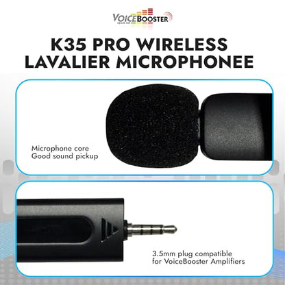 Voicebooster K35 Pro Wireless Lavalier Microphone, Plug & Play Clip on Lapel Mic - 3.5mm Plug for iPhone, Android, Voice Amplifier - Noise Cancelling Mini Microphone for Podcast, Interview & Vlogging