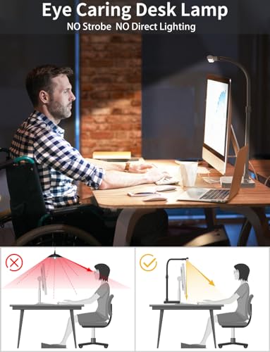 AKRRYR LED Desk Lamp for Home Office, Double Head 24W with Base, Architect Light 5 Lighting Brightness Flexible Gooseneck Table Reading Study, Black - color: Black-Desktop