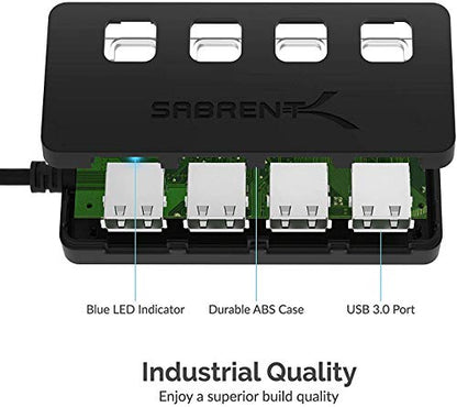 SABRENT 4 Port USB 3.0 Hub with Individual LED Lit Power Switches, Includes 5V/2.5A Power Adapter (HB-UMP3)