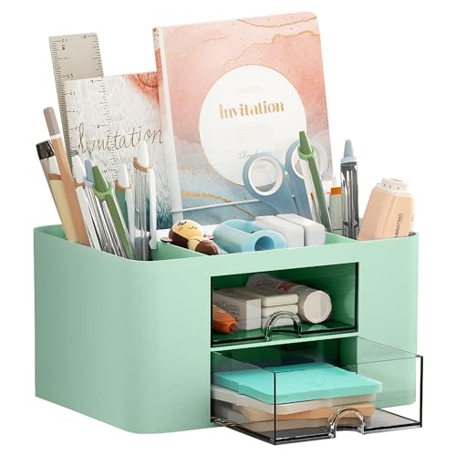 Marbrasse Pen Organizer with 2 Drawer, Multi-Functional Pencil Holder for Desk, Desk Organizers and Accessories with 5 Compartments + Drawer for Office Art Supplies (Green) - color: Green