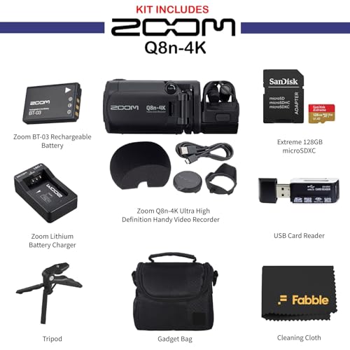 Zoom Q8n-4K Ultra HD Handy Video Recorder Bundle with 128GB microSDXC Card, Table Tripod Hand Grip, SLR Gadget Bag, USB Card Reader, Rechargeable Battery, Charger, and Microfiber Cleaning Cloth