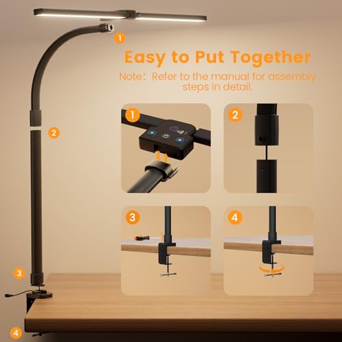 LED Desk Lamp for Home Office, 24W Computer Desk Light with Remote Control, Bright Table Lamp with Clamp Dimmable Tall Desktop Lighting with Bendable Gooseneck, Double Head, Black - style: Clamp Version - Black