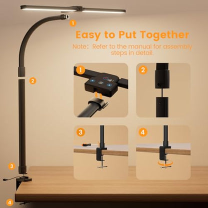 LED Desk Lamp for Home Office, 24W Computer Desk Light with Remote Control, Bright Table Lamp with Clamp Dimmable Tall Desktop Lighting with Bendable Gooseneck, Double Head, Black - style: Clamp Version - Black
