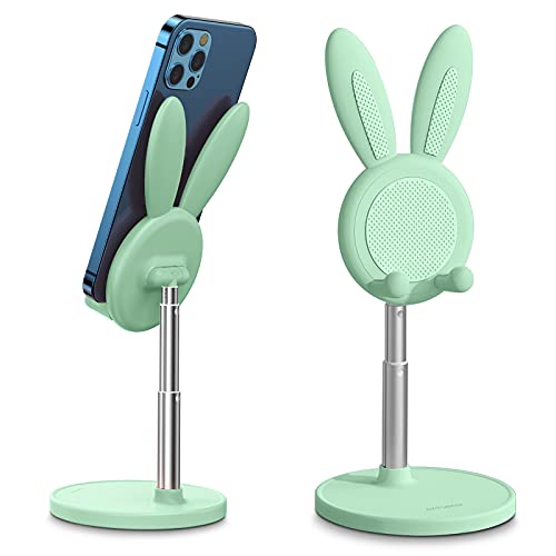 OATSBASF Cute Cell Phone Stand, Adjustable Bunny Phone Stand for Desk, Thick Case Friendly Holder Compatible with iPhone, Kindle, iPad, Switch, All Phones (Green) - color: Green