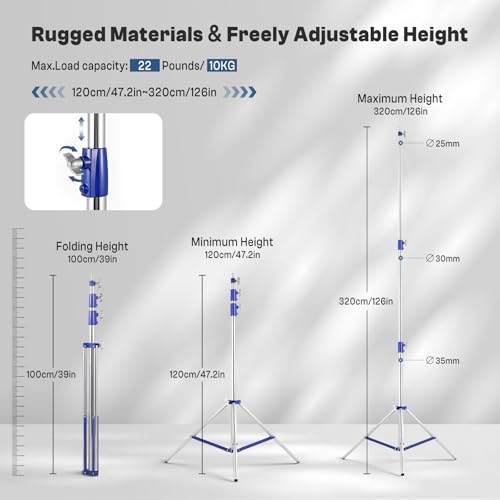 Light Stand Photography 10.5ft/320cm, 2 Pack Heavy Duty Photography Tripod Stand with 1/4” to 3/8” Universal Screw, Adjustable Lighting Stand for Studio LED, Ring Light, Softbox, Monolight, Strobe - size: 2 pack