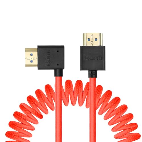 Uonecn Right Angle HDMI 2.1 Cable for Camera, 48Gbps 8K Braided Coiled HDMI for Atomos Ninja V, Portkeys BM5, Short HDMI Cable for Sony A7iv, Z-CAM F6, Z-Cam E2 Pro Cameras, Red, Left to Straight - color: Red, size: Straight to Left Angle
