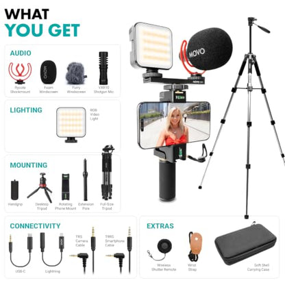 Movo iVlogger-PRO Vlogging Kit for iPhone with Mic, Light, and Tripod | Professional YouTube Starter Kit for iPhone and Android with VXR10 Mic, Rechargeable RGB Light, Two Tripods, Case, and More