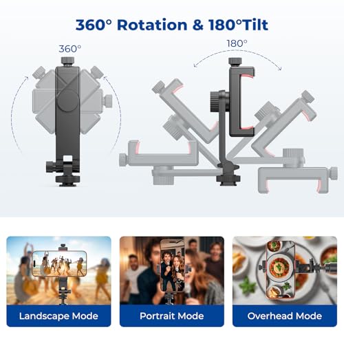 Ruittos Phone Tripod Mount with Remote Controller, New Universal Smartphone Mount Adapter with Cold Shoe, 360° Rotates Cell Phone Clip Clamp Holder, Compatible with iPhone, Samsung and All Phones