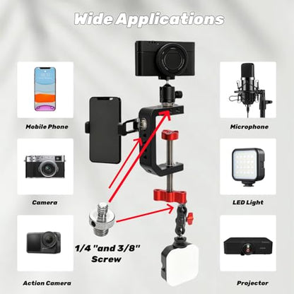 Tlence C Clamp Desk Camera Mount, Table Clamps with 1/4" and 3/8" Thread, Metal Desktop C Clamp for Light Stand, Heavy Duty Clamps Jaw for Workbench, Rods, Shelves, Bike, Fits up to 2.5" Thickness