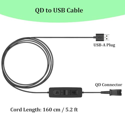 Headset USB Adapter Quick Disconnect QD Cable to USB A Plug Adapter for Plantronics QD Wired Headset with in-line Volume Mute Controls to Computer Laptop PC Mac VOIP Softphone