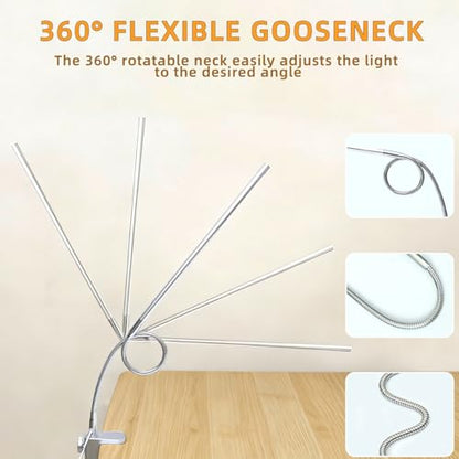 Space Aluminum LED Desk Lamp with Clamp Reading Study Desk Light | Clip on Light for 3 Modes 10 Brightness Flexible Gooseneck with USB Adapter Table Lamp for Home Office Computer Nail Work