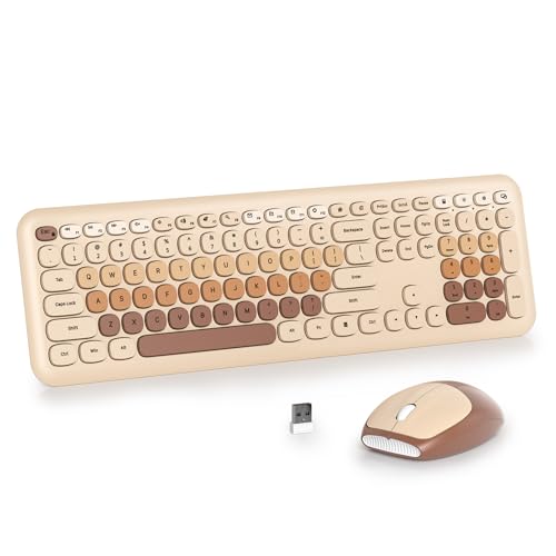 Coffee Brown Quiet Keyboard and Mouse Wireless, Retro Typewriter 104-Key Fullsize Keyboard Round Keys for Home Office Dorms PC/Laptop/Desktop(Coffee) - color: Coffee