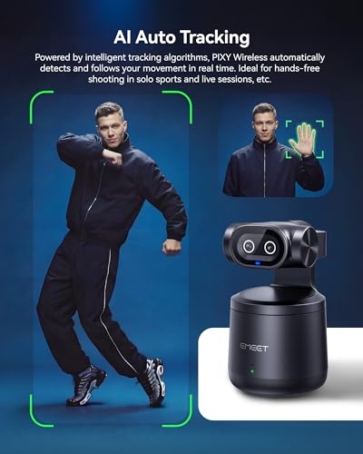 EMEET PIXY Wireless 4K Dual-Lens AI Tracking PTZ Streaming Camera with 1/2.55" Sensor, Gesture Control, Multi-Camera Live & Built-in 48kHz Mic, HDR, Live Streaming for YouTube, Facebook, Twitch