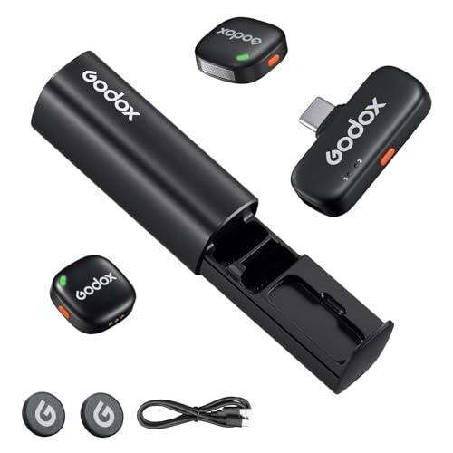 GODOX C01 KIT2 Wireless Microphone, 48kHz/24-bit Professional Lavalier Mic 60W Fast Charging Mini Microphones 7g Ultralight,54H,Noise Reduction,200M Low Latency (2TX+1RX+USB-C+Charging Case)