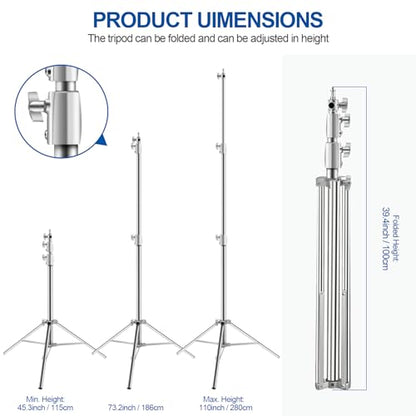 WELLMAKING Stainless Steel Photography Light Stand 9.2ft/280cm.Spring Cushioned Heavy Duty Tripod Stand with 1/4”to3/8” Screw Adapter and Tilt Swivel Mount for Strobe, Video Light,ring light,Monolight - size: 9.2ft