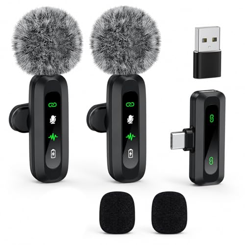 2-Pack Wireless Mini Mic for Video Recording, Noise Reduction Lapel Microphone for USB-C Phone