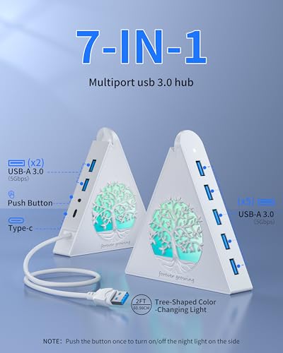 7-Port USB 3.0 Hub, White Vertical USB Hub Splitter with Tree-Shaped RGB Lighting, 5Gbps High-Speed Transfer, 2FT Extension Cable, Compatible with PC, MacBook, Laptop, Flash Drive, Printer - color: 1-Tree White