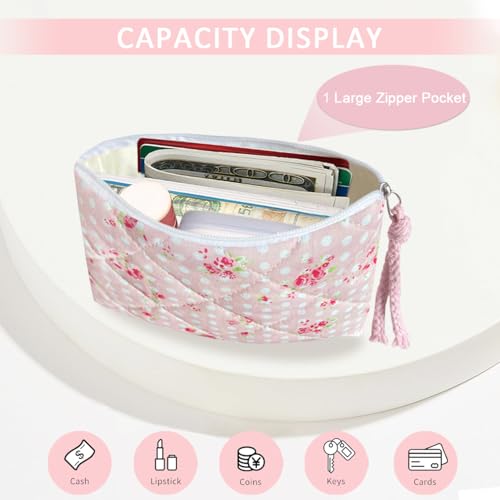 Cotton Quilted Floral Coin Purse Digital Camera Pouch with Cute Prints Zipper for Women Girls (PINK ROSE) - color: PINK ROSE