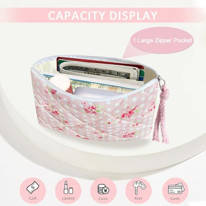Cotton Quilted Floral Coin Purse Digital Camera Pouch with Cute Prints Zipper for Women Girls (PINK ROSE) - color: PINK ROSE