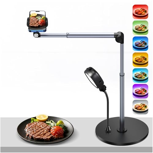 Overhead Phone Mount with RGB Light, Phone Holder for Content Creators, Flexible Articulating Arm Phone Mount for Desk for Live Streaming, Meeting, Cooking, Filming, Nail Techs - Perfect for Creators