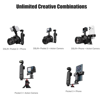 Multi-Camera Mount Rig for DJI Osmo Pocket 3 4 insta360 Luna Ultra & DSLR Digital Action Camera – Dual 1/4" Screws with Cold Shoe Mounts, Tripod Compatible, Supports Phone as Monitor