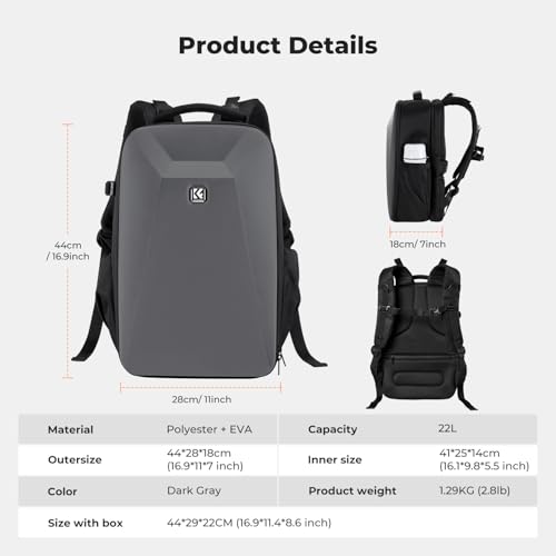 K&F CONCEPT Camera Backpack,Hardshell Photography DSLR Camera Bag with 15-15.6 Inch Laptop Compartment Waterproof Hard Shell Camera Case - color: Deep Grey