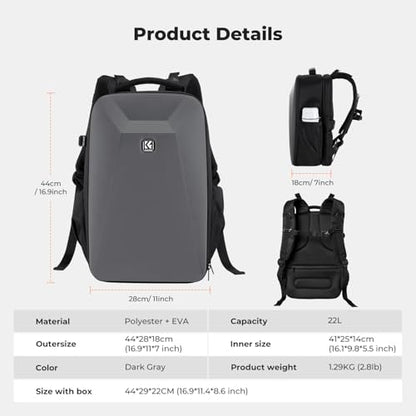 K&F CONCEPT Camera Backpack,Hardshell Photography DSLR Camera Bag with 15-15.6 Inch Laptop Compartment Waterproof Hard Shell Camera Case - color: Deep Grey