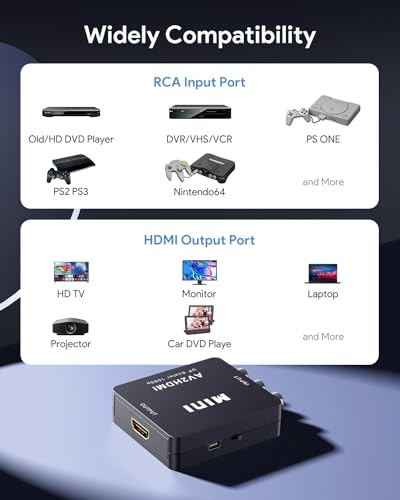ABLEWE RCA to HDMI,AV to HDMI Converter, 1080P Mini RCA Composite CVBS Video Audio Converter Adapter Supporting PAL/NTSC for TV/PC/ PS3/ STB/Xbox VHS/VCR/Blue-Ray DVD Players - color: AV+HDMI Cable