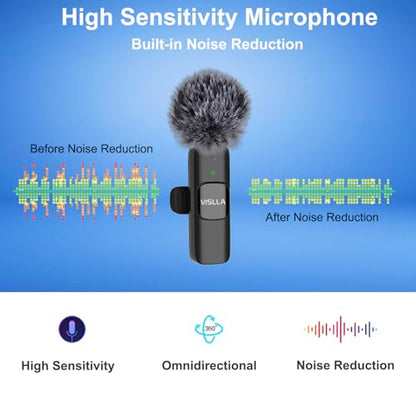 Vislla Mini Microphone for iPhone & Android,11H Battery, Noise Cancelling Wireless Lavalier Mic, Clip On Lapel Mic Pro for Content Creator Vlogging/YouTube/Tiktok/Video Recording/Streaming/Interview